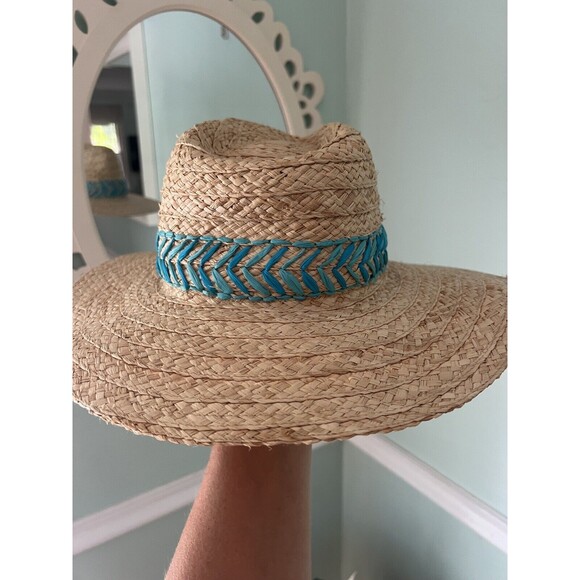 Talbots Embroidered Raffia Straw Hat Turqoise Adjustable NWT - Picture 7 of 9